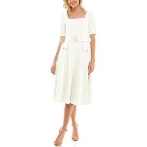 Maison Tara Women's Square Neck Belted Midi Dress